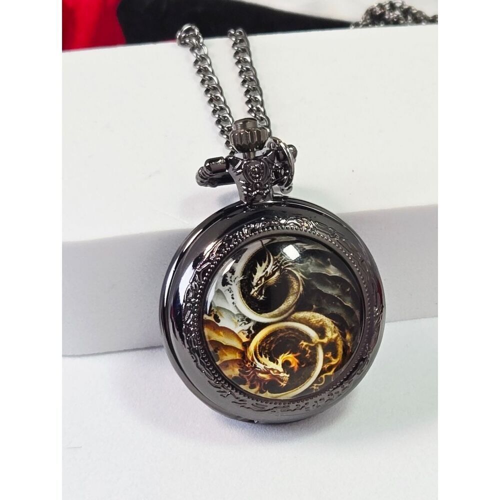 White Gold Dragon Pocket Watch Necklace Steampunk Fantasy Pendant Gunmetal Black